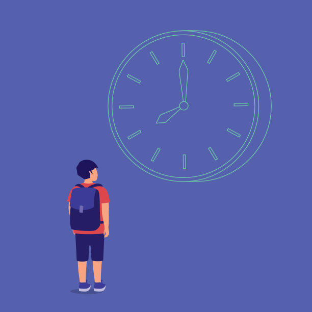 小男孩看着时钟，等待时间流逝。图片下载