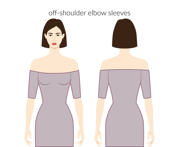 露肩袖衣服性格美丽的女士在灰色上衣，衬衫，连衣裙技术时尚插图与肘部长度。平板服装模板正面，背面。女人，男人男女皆宜的CAD模型图片下载