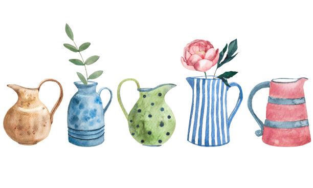 陶罐和马克杯插图。壶与花束牡丹和叶子。可爱的水彩横幅横幅。陶器的背景。家的舒适，hygge。明信片，设计元素，包装纸，桌布，纺织品图片下载