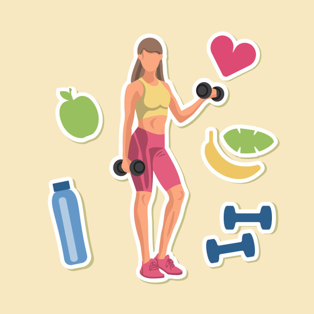 无表情的健身白人妇女在运动服站在做哑铃和健身元素的锻炼贴纸。矢量插图。图片下载