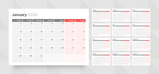 2024年的月历。周一开始。图片下载