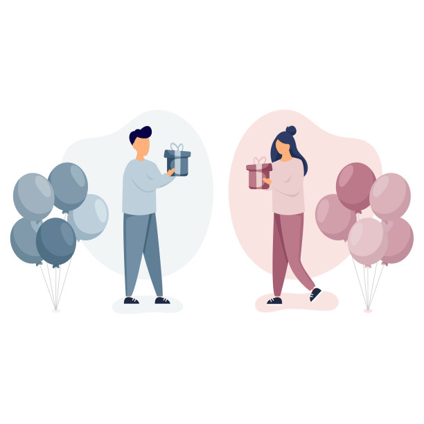 生日派对概念。站在气球旁的男子送给女子蓝色礼物，女孩送给男孩可爱的粉色礼物。图片下载
