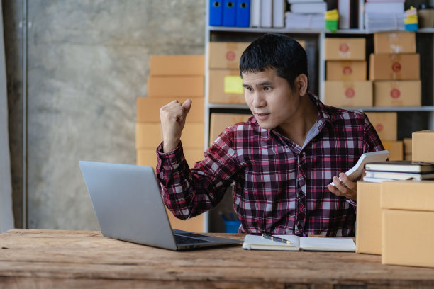 亚洲男性中小企业主在家使用笔记本电脑进行商业审计，电子商务团队在线销售图片下载