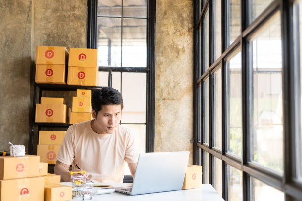 亚洲男性中小企业主在家使用笔记本电脑进行商业审计，电子商务团队在线销售图片下载