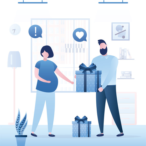 快乐的男人给怀孕的妻子送礼物。期待的夫妇，父母，给宝宝的礼物。恩爱夫妻，幸福家庭。恭喜你的妻子。客厅内部背景。图片下载