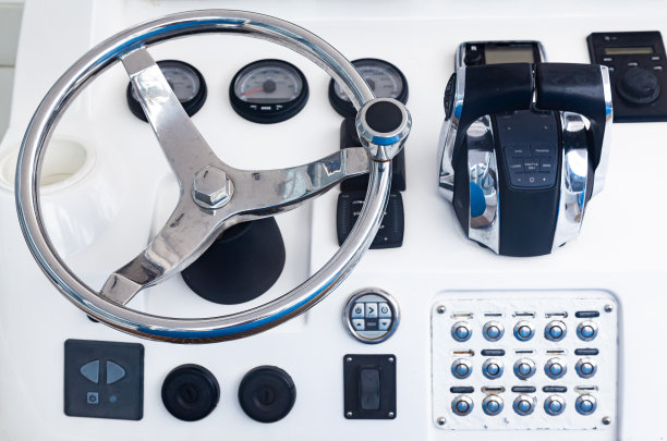 豪华游艇控制面板与方向盘，齿轮杠杆，导航设备和控制按钮。图片下载