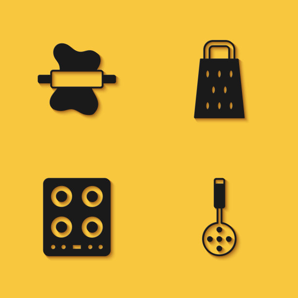 在面团上设置擀面杖，锅铲，煤气炉和刨丝器图标，有长长的阴影。向量图片下载