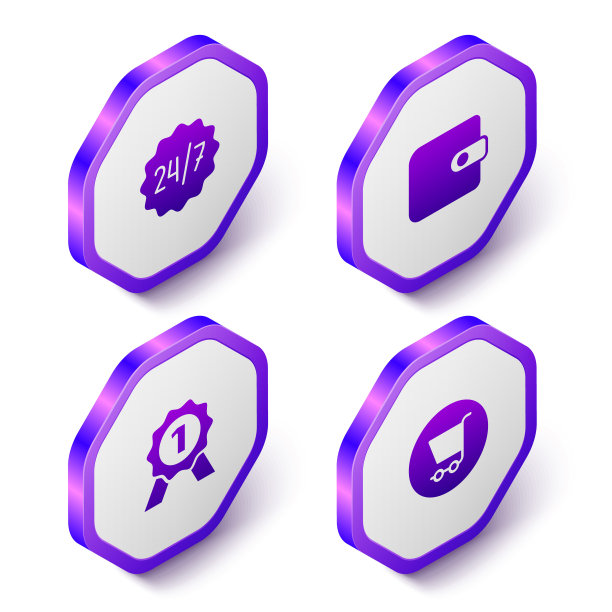 2.5D 24小时时钟、钱包、奖章和购物车图标紫色六边形按钮矢量素材图片下载