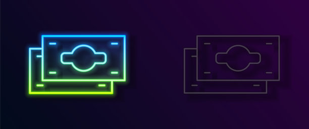 发光的霓虹灯线堆叠纸币现金图标孤立在黑色背景。钞票成堆。比尔的货币。向量图片下载