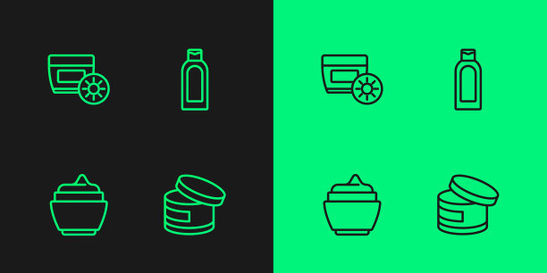 设置线霜或乳液化妆品管，防晒乳和瓶洗发水图标。向量图片下载