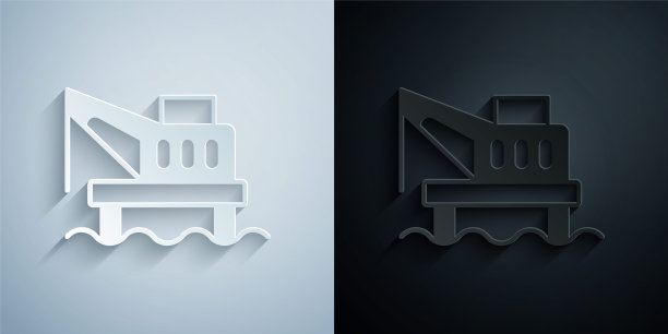 在海上的剪纸石油平台图标孤立在灰色和黑色的背景。海上钻机。石油平台，天然气燃料，海上工业。纸艺术风格。向量图片下载