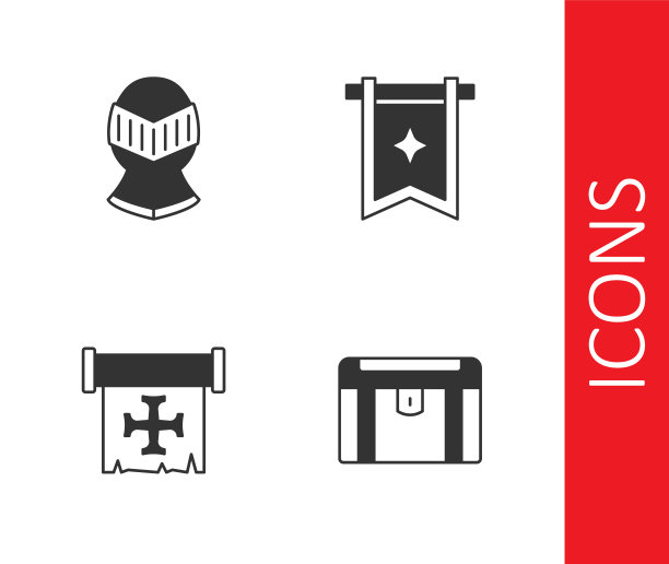 设置古董宝箱，中世纪头盔，十字军和旗帜图标。向量图片下载