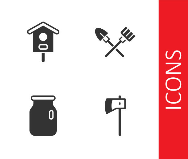 设置木斧，鸟屋，玻璃罐螺旋盖和铲子和耙子图标。向量图片下载