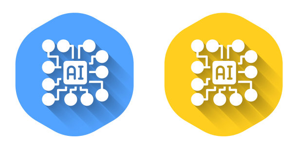白色神经网络图标与长阴影背景隔离。人工智能AI。圆按钮。向量图片下载
