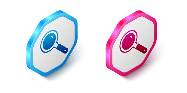 等距放大镜图标孤立在白色背景上。搜索，聚焦，缩放，商业符号。六角按钮。向量图片下载