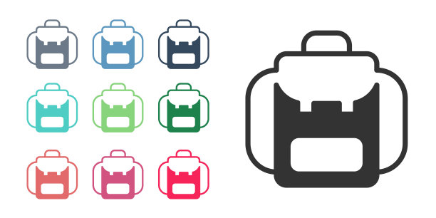 黑色远足背包图标孤立在白色背景。背包露营和山地探险。设置彩色图标。向量图片下载