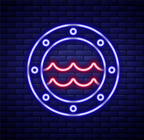 发光的霓虹灯线船舶舷窗与铆钉和海景外的图标隔离在砖墙背景。彩色轮廓概念。向量图片下载