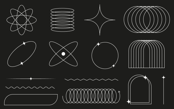 Y2K风格的一组线性抽象几何图形。黑色背景上的时尚图形元素。图片下载