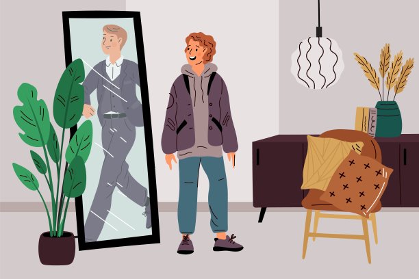 理想的镜面反射。年轻人梦想成为成功的商人。穿着正装的帅哥。自信的男人。男孩做白日梦。考虑未来的职业。加里什矢量概念图片下载