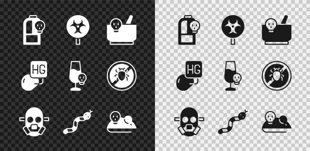 设置烧杯有毒液体，生物危害符号，臼和杵，防毒面具，蛇，实验鼠标，水银滴和有毒酒精图标。向量图片下载