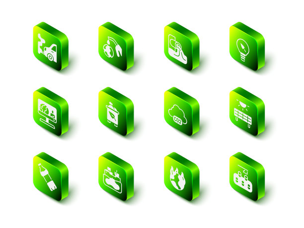 集气泵喷嘴和全球，废水，灯泡与叶，太阳能面板，森林砍伐，二氧化碳排放在云，全球变暖火灾和遇难的油轮船图标。向量图片下载