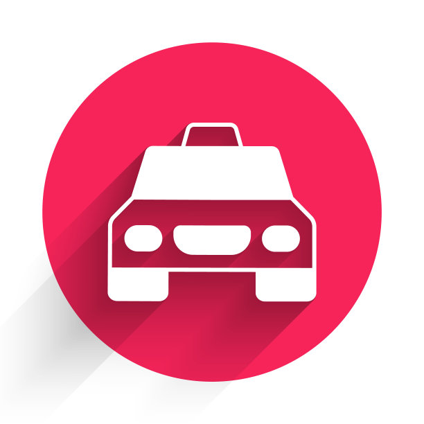 白色出租车图标孤立与长阴影背景。红色圆圈按钮。向量图片下载