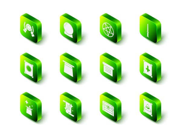 设置魔术球，五角星圆形，魔杖，古代魔法书，古董宝箱和图标。向量图片下载