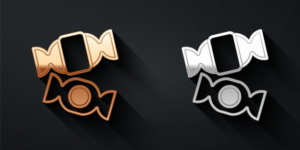 金色和银色糖果图标隔离在黑色背景上。圣诞快乐，新年快乐。长阴影风格。向量图片下载