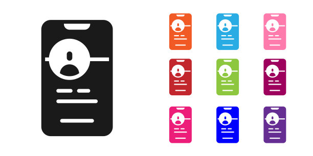 黑色约会应用程序在线移动概念图标孤立在白色背景。女性男性平面轮廓设计。情侣为爱情而配对。设置彩色图标。向量图片下载