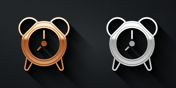 金色和银色闹钟图标隔离在黑色背景上。醒来，起床的概念。时间信号。长阴影风格。向量图片下载