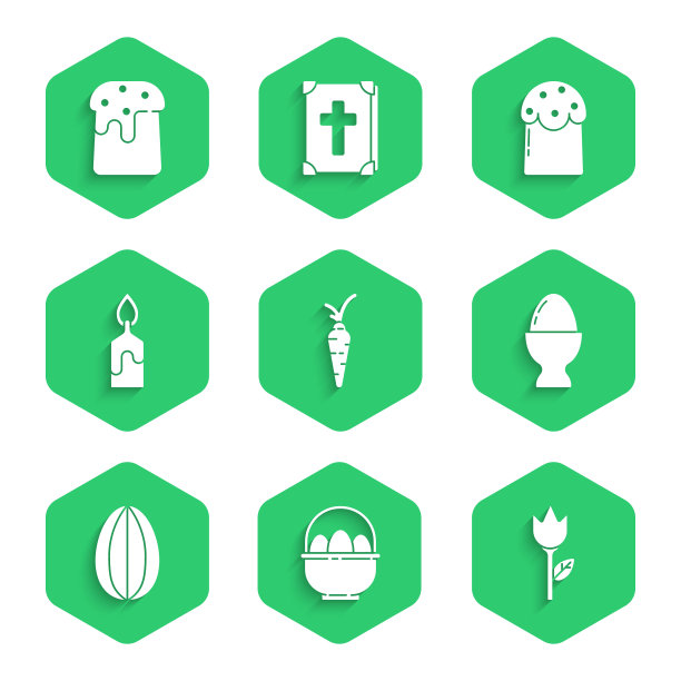 设置胡萝卜，篮子与复活节鸡蛋，花郁金香，复活节站，燃烧的蜡烛，蛋糕和图标。向量图片下载