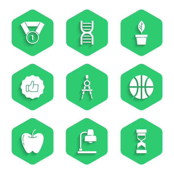 设置指南针，台灯，沙漏，篮球，苹果，拇指向上，花盆和奖牌图标。向量图片下载