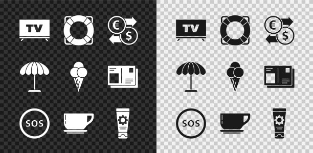 设置智能电视，救生圈，货币兑换，位置与SOS，咖啡杯，防晒霜在管，保护伞的海滩和冰华夫蛋筒图标。向量图片下载