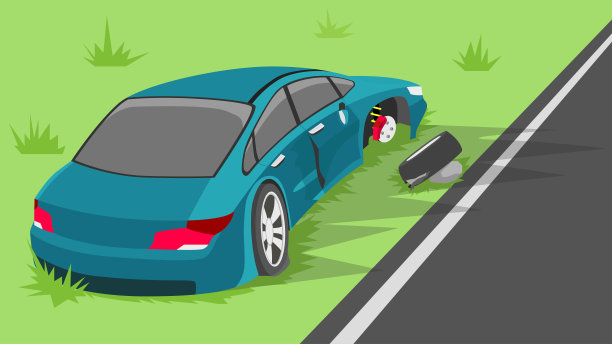 柏油路上发生事故，路边有草。一辆客车冲出公路，车身受损。图片下载