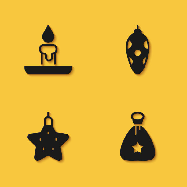 设置燃烧的蜡烛，圣诞老人袋礼物，圣诞星和玩具图标与长影子。向量图片下载