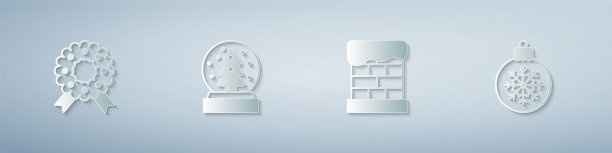 设置圣诞花环，雪球，烟囱和球。纸艺术风格。向量图片下载