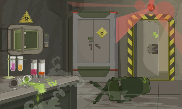 生物学实验室的房间。感染，生物危害，病毒泄露一个紧急事件，一个研究实验室的警报。病毒容器破裂。违反安全。毒药储藏室。科幻小说。矢量卡通插图。图片下载