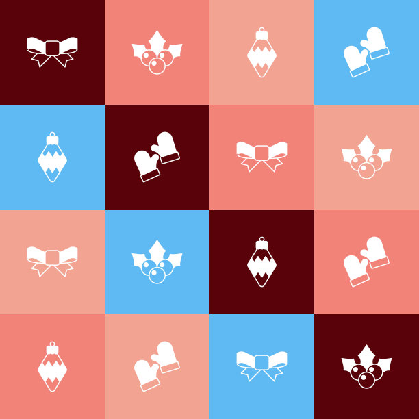 集流行艺术礼品蝴蝶结，枝灯香，圣诞玩具和手套图标。向量图片下载