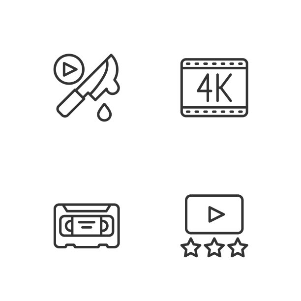设定线评级电影，VHS录像带盒式磁带，惊悚片和4k图标。向量图片下载