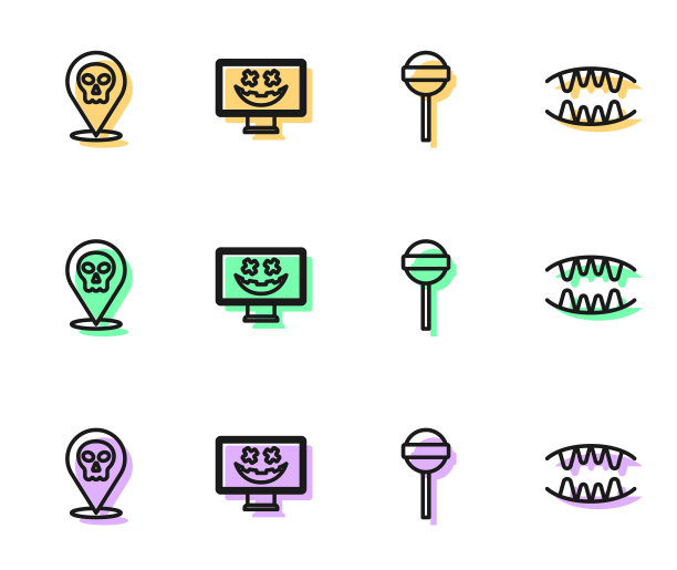 设定线棒棒糖，骷髅，万圣节快乐节日和吸血鬼牙齿图标。向量图片下载