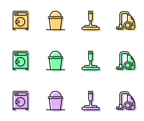设置线路橡胶清洁窗户，洗衣机，桶和真空图标。向量图片下载