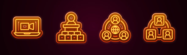 设置线视频聊天会议，发言人，会议和。发光的霓虹灯图标。向量图片下载