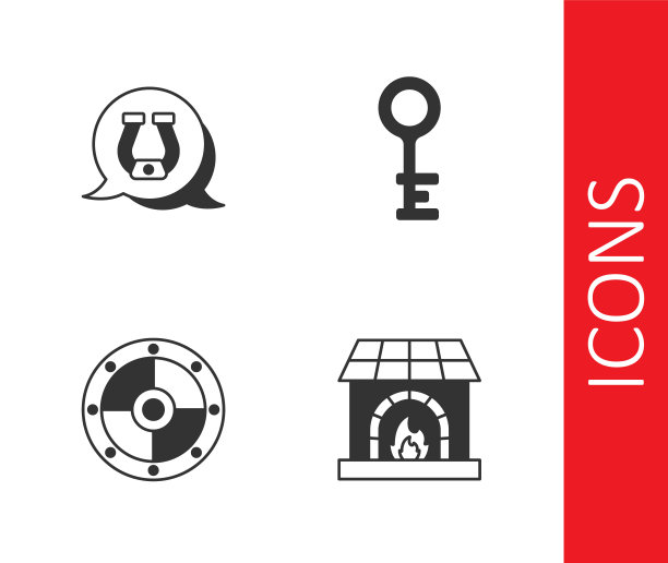 设置铁匠炉，马蹄铁，圆盾和旧键图标。向量图片下载