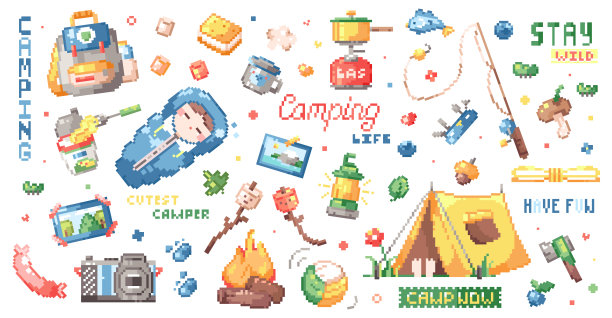 像素艺术夏令营旅行贴纸套装。8位复古游戏元素，如营火，帐篷，树叶，刀，棉花糖，包，睡袋。图片下载