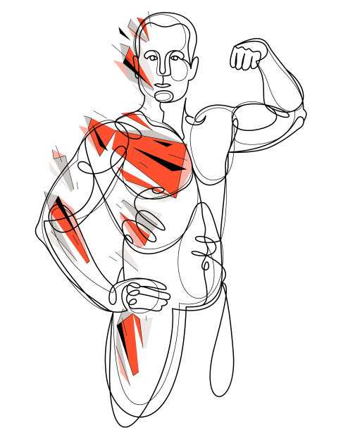 线性绘制一个完美的身体适合模型男人摆矢量插图孤立的，肌肉壮汉性感的男人与赤裸的躯干上身。图片下载