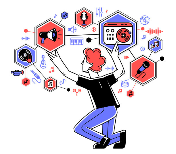 音响工程师在录音工作室混合新歌，矢量轮廓插图的音乐家作曲家做他的工作，生产新的节拍。图片下载