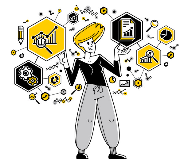 Worker分析一些数据和系统化信息，矢量轮廓说明，抽象大数据分析，自动化图片下载