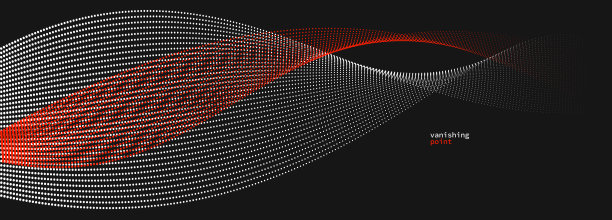 摘要背景矢量插图，红黑点运动时采用曲线线条，粒子流波隔离，黑白单色插图。图片下载