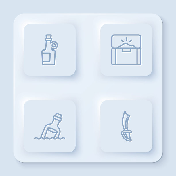 设定线酒精饮料朗姆酒，古董宝箱，瓶与信息水和海盗剑。白色方形按钮。向量图片下载