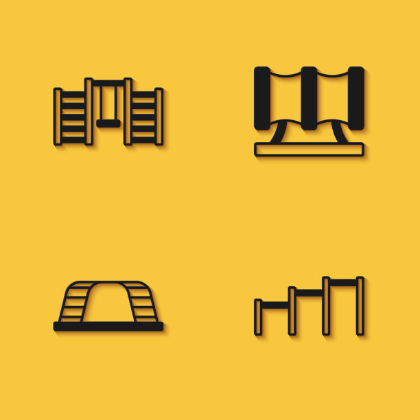 设置瑞典墙，运动单杠，猴子和孩子游乐场滑管图标与长影子。向量图片下载